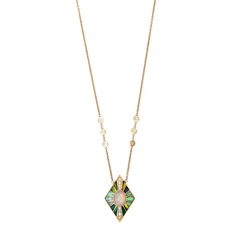 Women's sustainable necklaces-PAVE OPAL + GREEN AND WHITE OPAL INLAY KITE NECKLACE