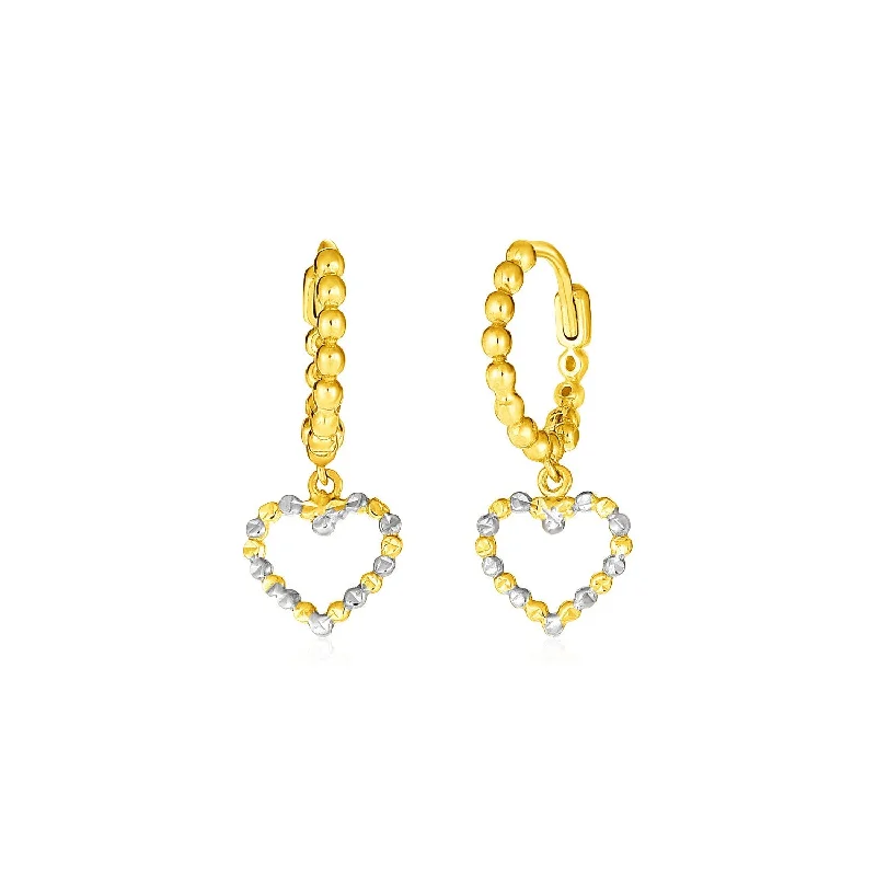 Women's bridal earrings-14k Two Tone Gold Beaded Hoop Earrings with Hearts