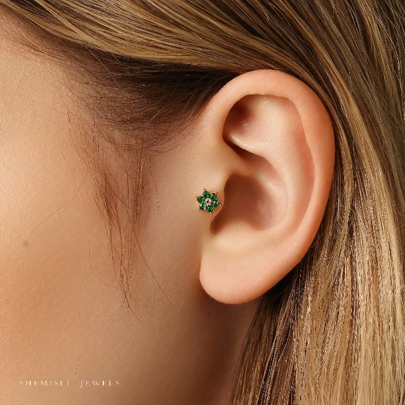 Designer women's earrings-Tiny 6 Petal Emerald Stone Threadless Flat Back Tragus Stud, 20,18,16ga, 5-10mm, Unisex, Surgical Steel, SHEMISLI SS558