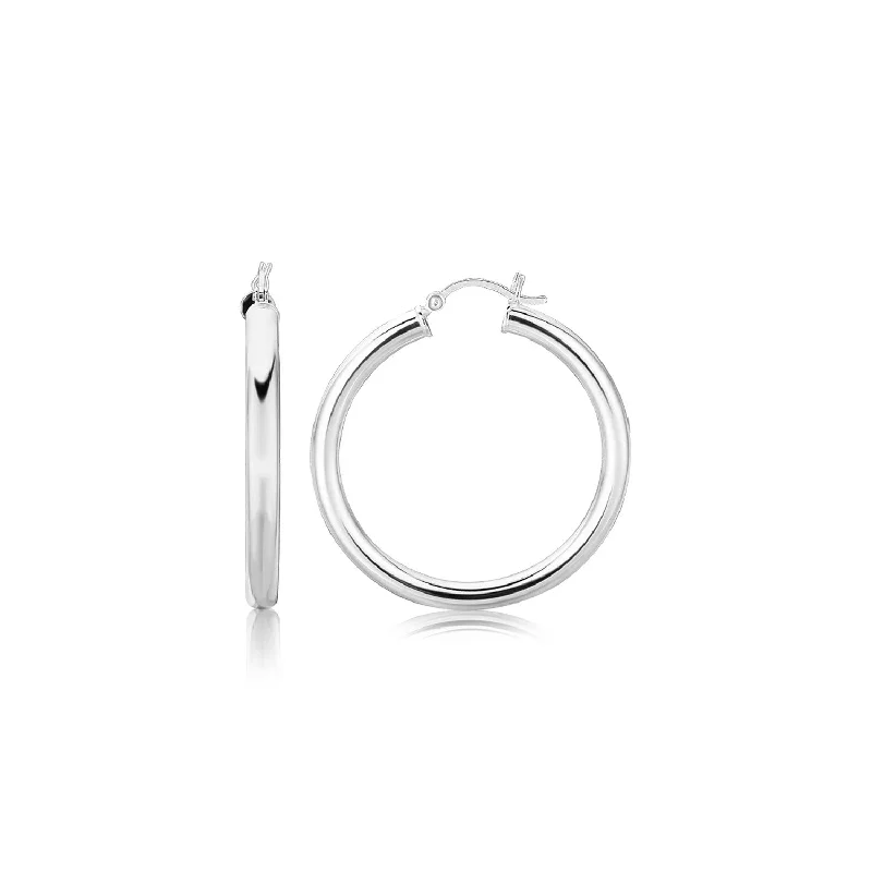 Trendy women's earrings-Sterling Silver Thick Rhodium Plated Polished Hoop Style Earrings (4x35mm)