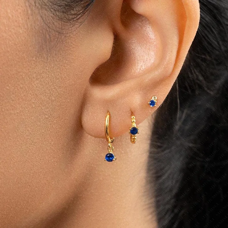 Women's mother-daughter earrings-Sapphire Gem Studs Huggies Drop Hoop Earrings Stack Set, Unisex, Gold, Silver SHEMISLI SS280, SH336, SH340