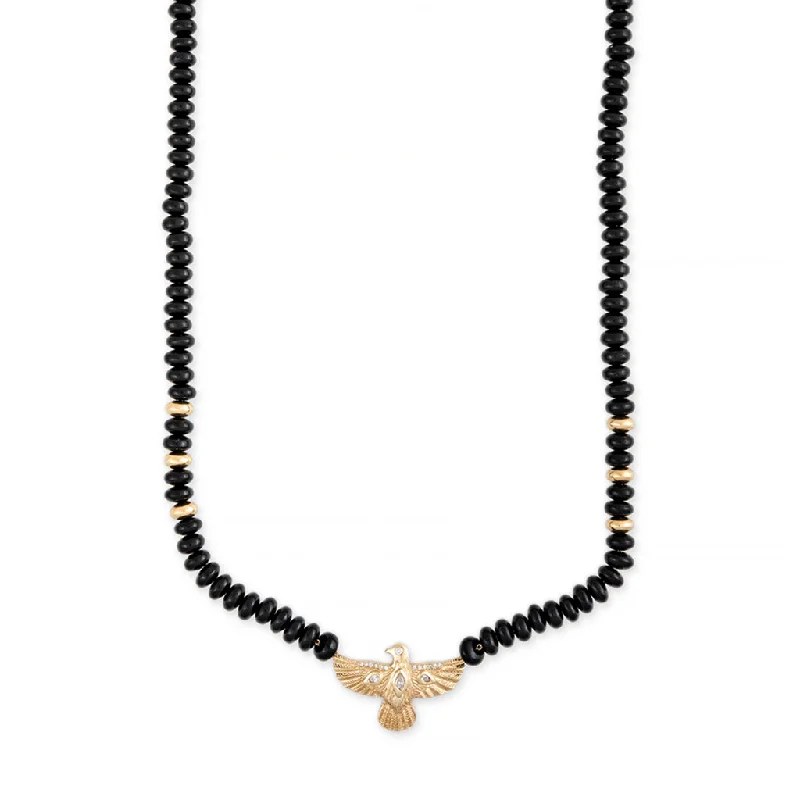 Women's initial necklaces-DIAMOND THUNDERBIRD + GOLD AND ONYX BEADED NECKLACE