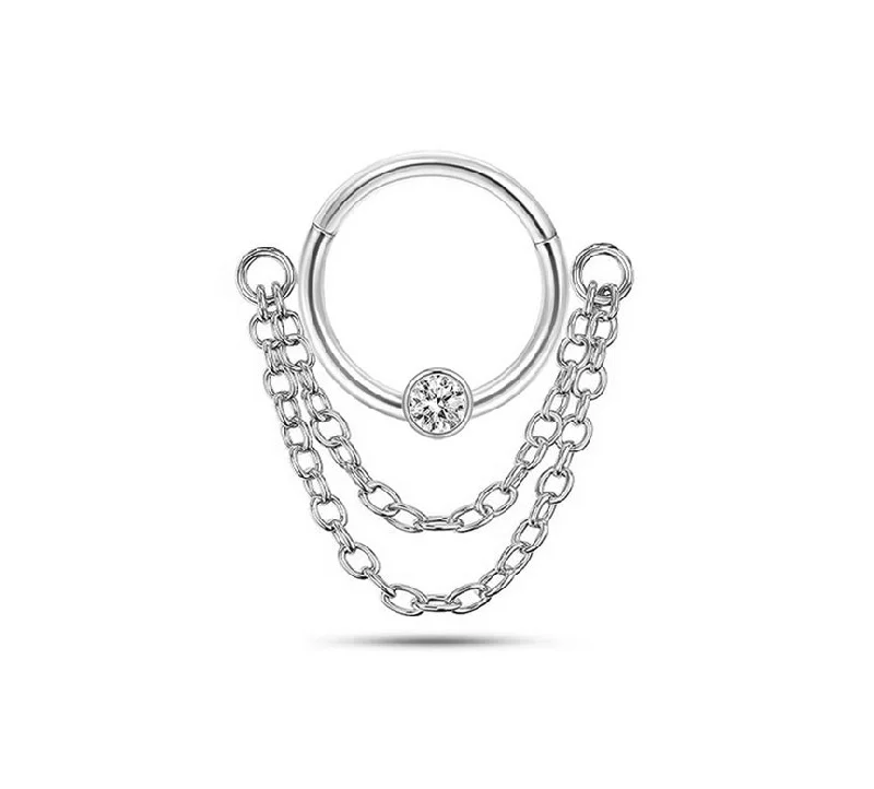 Women's modern rings-SS316L Jewelled Hinged Ring with Double Chain Dangle - E436