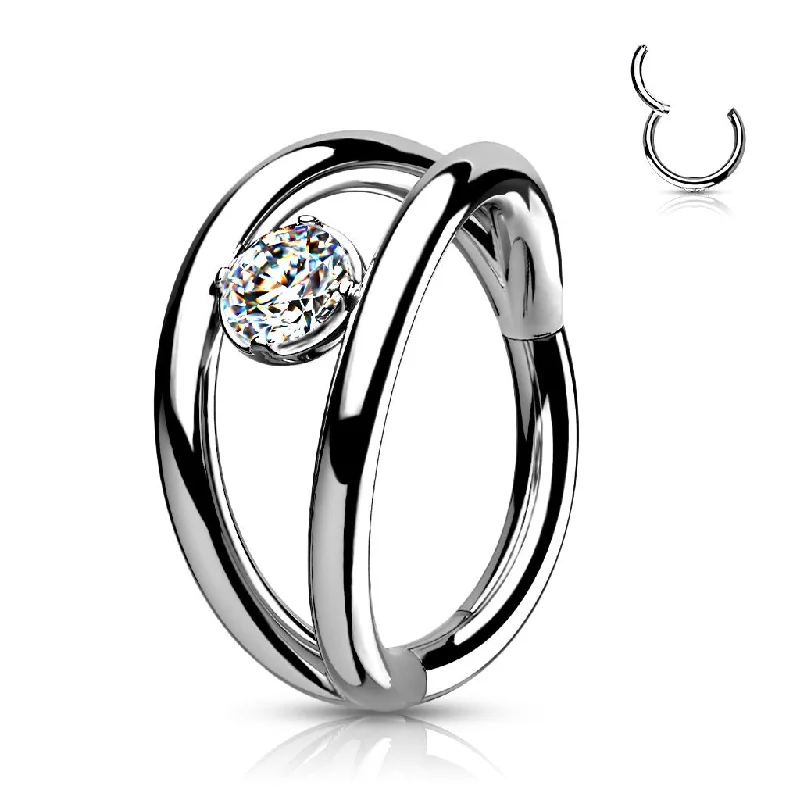 Women's symbolic rings-SS316L Jewelled Double Hoop Hinged Segment Ring - E504