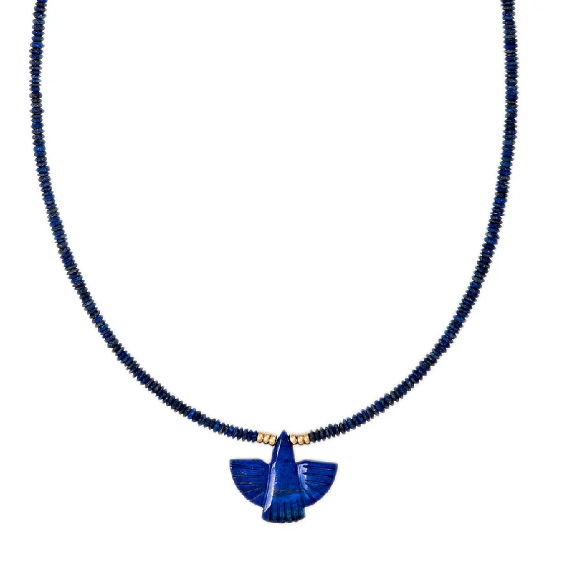 Modern women's necklaces-LAPIS THUNDERBIRD + GOLD AND LAPIS SAUCER BEADED TOGGLE NECKLACE