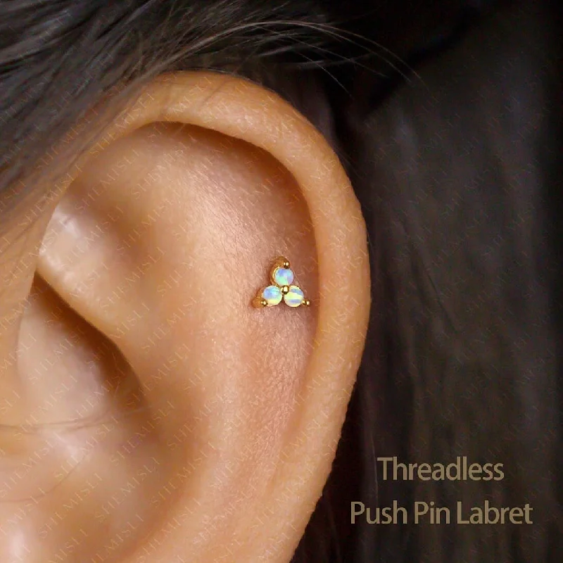 Women's stud earrings-Tiny 3-Petal Opal Flower Threadless Flat Back Earrings, 20,18,16ga, 5-10mm, Unisex, Surgical Steel, SHEMISLI SS546