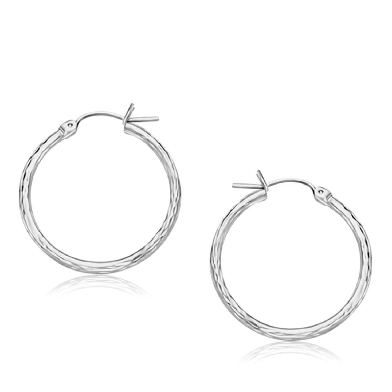 Women's fashion earrings-14k White Gold Diamond Cut Hoop Earrings  (2x25mm)