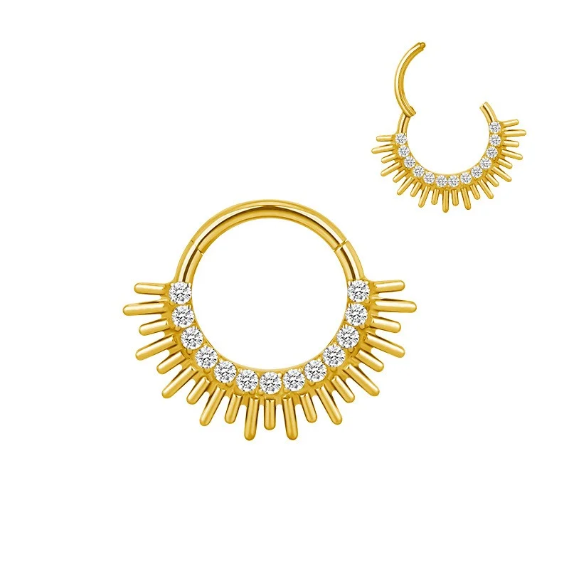 Women's symbolic rings-Titanium Gold Jewelled Hinged Septum/Daith Ring - TI-216A