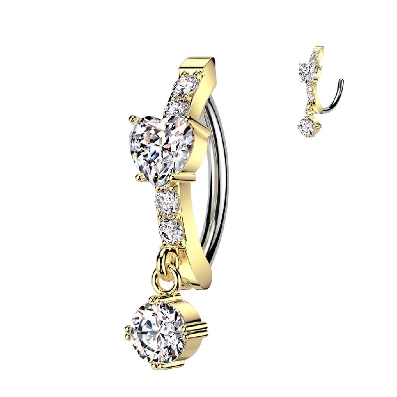 Women's wedding band rings-Gold Jewelled Heart Hinged Belly Button Ring with CZ Dangle - 539A