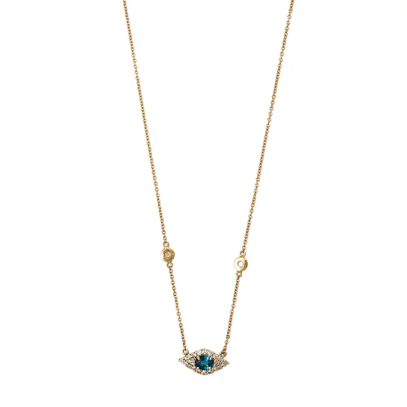 Women's short necklaces-SMALL PAVE TEAL KYANITE OVAL CENTER EYE DIAMOND NECKLACE