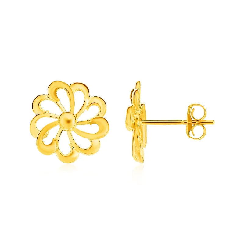 Handmade women's earrings-14k Yellow Gold Post Earrings with Flowers