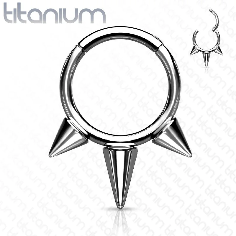 Women's fingerprint rings-Implant Grade Titanium High Polish Hinged Segment Hoop Ring with Spikes - T92