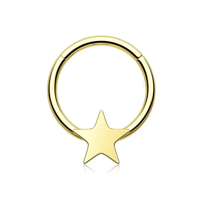 Women's minimalist rings-Titanium Gold Star Hinged Septum/Daith Ring 14/18 Gauge - TI-222A