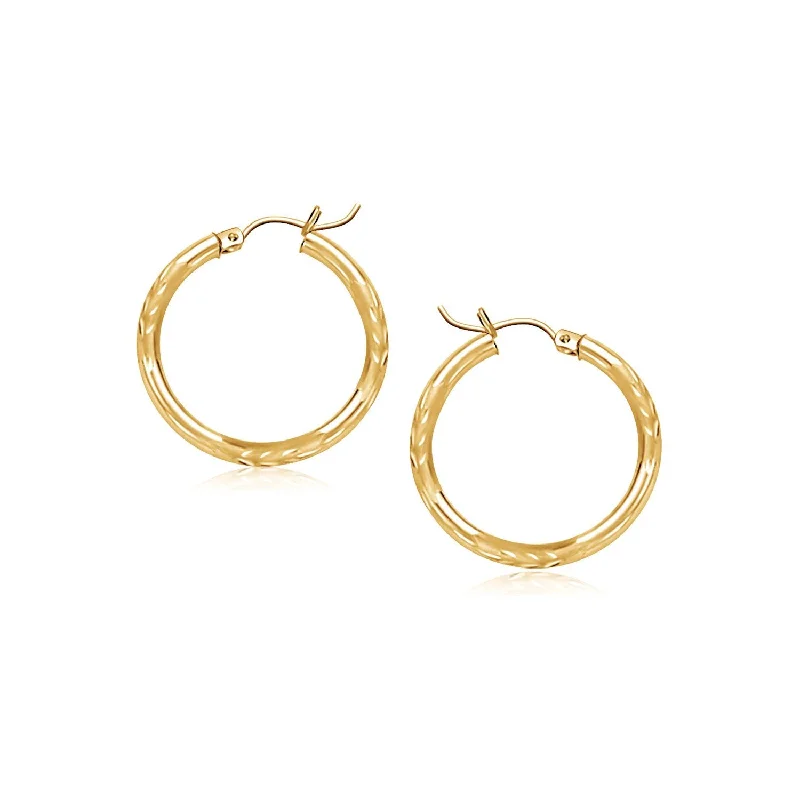 Women's DNA earrings-14k Yellow Gold Fancy Diamond Cut Slender Small Hoop Earrings (2x15mm)