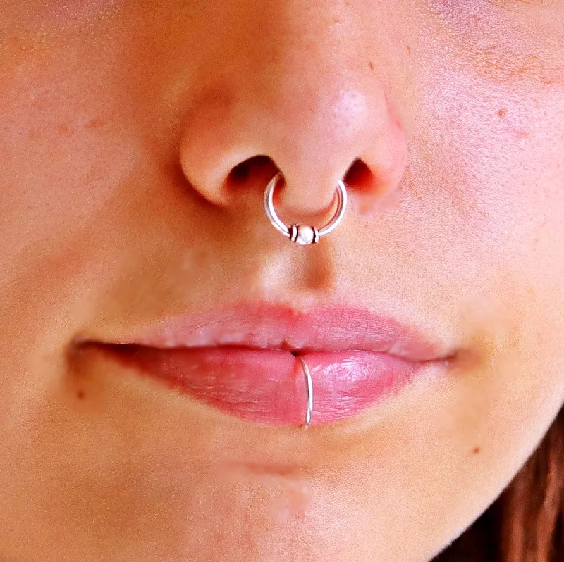 Women's casual rings-Beaded Fake Septum Ring - Silver