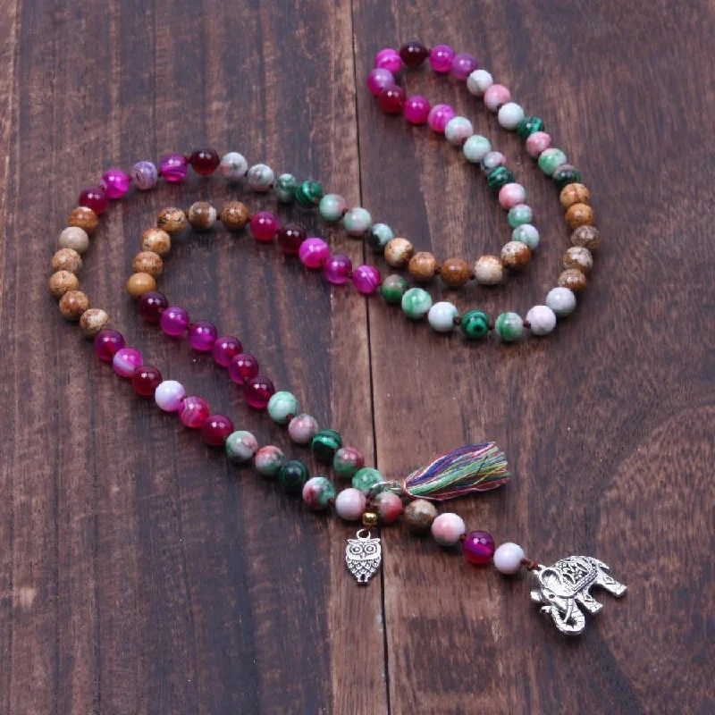 Women's emerald necklaces-Natural Stone Beads with Owl and Elephant Tassel Charm Knotted Statement Long Necklace