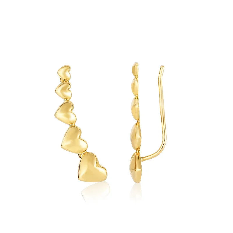 Women's elegant earrings-14k Yellow Gold Graduated Heart Climber Style Stud Earrings