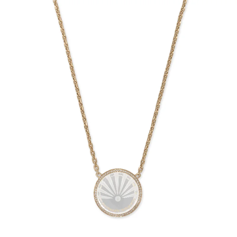 Minimalist women's necklaces-LARGE PAVE CARVED SUNSHINE CLEAR QUARTZ ROUND MOE CHAIN NECKLACE