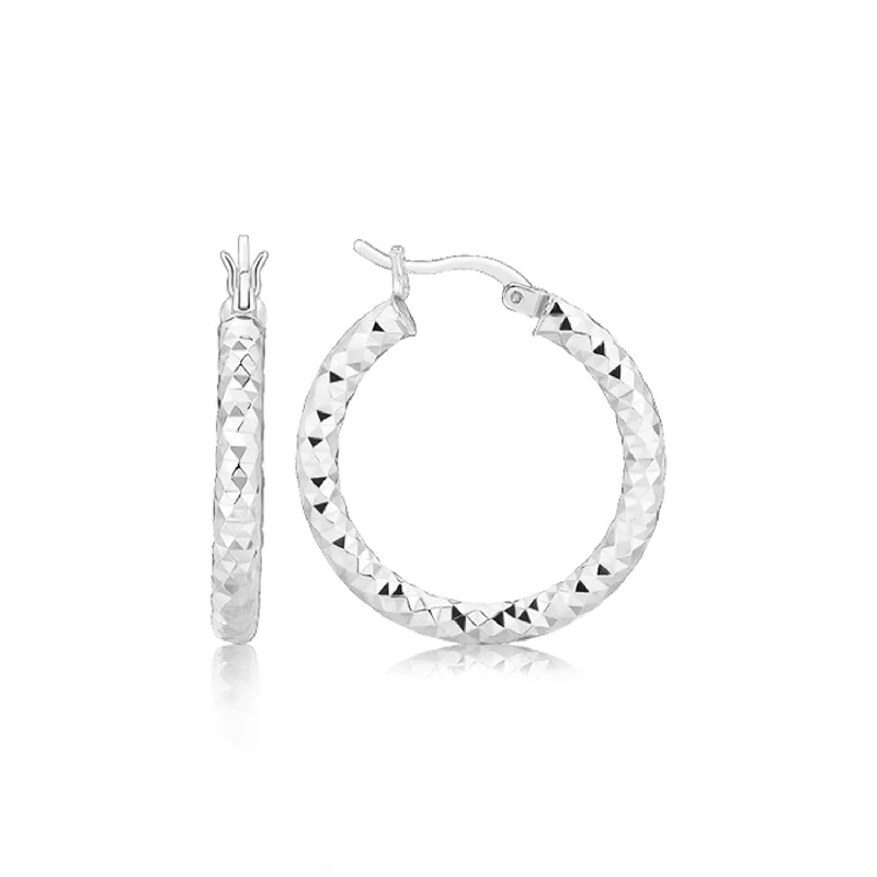 Women's casual earrings-Sterling Silver Faceted Style Hoop Earrings with Rhodium Finishing(3x20mm)