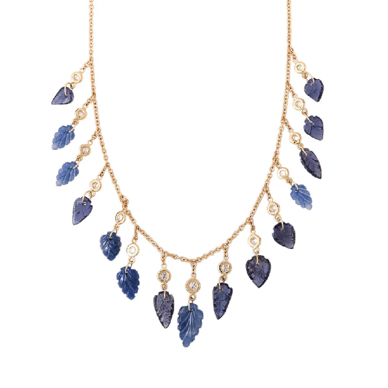 Women's spiritual necklaces-15 DIAMOND IOLITE LEAF SHAKER NECKLACE