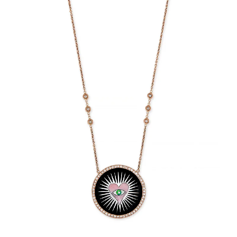 Women's layered necklaces-PAVE ONYX INLAY PINK HEART BURST NECKLACE