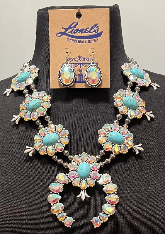 Women's DNA necklaces-AB Crystal & Turquoise Squash Blossom Necklace Set