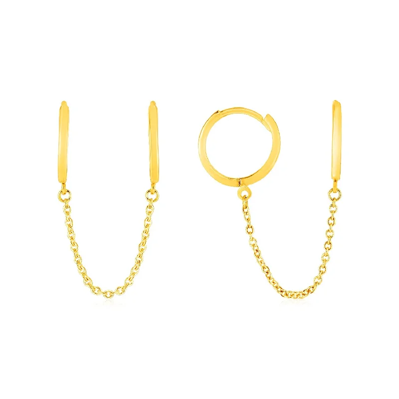 Women's party earrings-14k Yellow Gold Two Hole Huggie Style Hoop Earrings