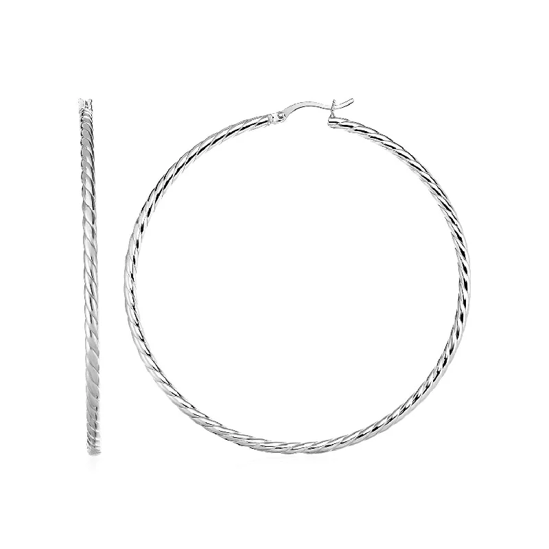 Women's pearl earrings-Hoop Earrings with Twist Texture in Sterling Silver(50mm)