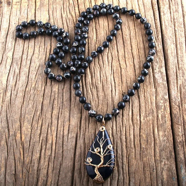 Women's family necklaces-Black Obsidian Tree of Life Mala Necklace