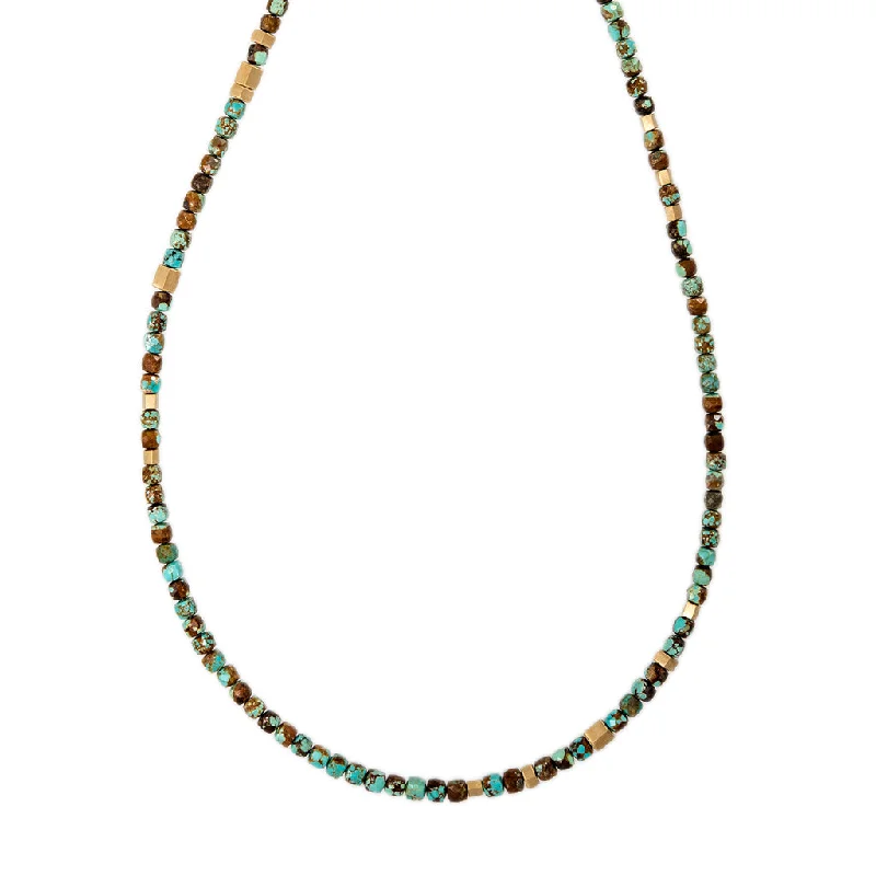 Designer women's necklaces-GOLD HEXAGON BEADS + TURQUOISE BEADED NECKLACE