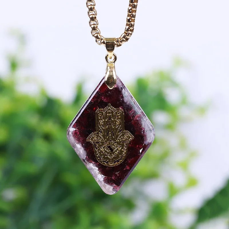 Women's gold necklaces-Garnet Hand Of Hamsa Orgone Necklace