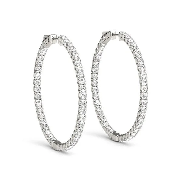 Women's minimalist earrings-14k White Gold Diamond Hoop Earrings with Shared Prong Setting (2 cttw)