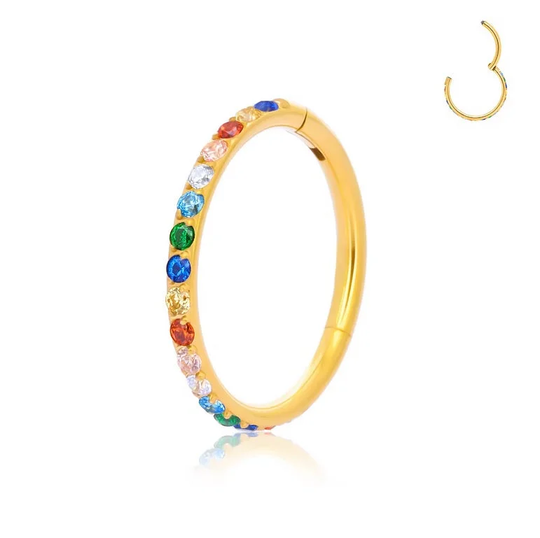 High-end women's rings-Titanium Gold Multi-Coloured Jewelled Hinged Ring - TI-502A