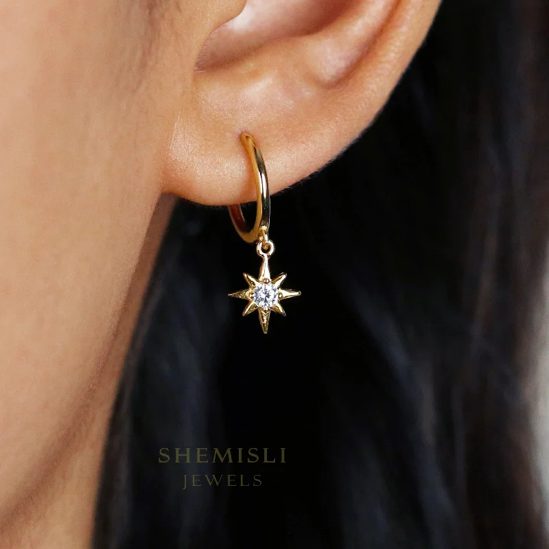 Women's evil eye earrings-Star Hoop Earrings, CZ Drop Huggies, Gold, Silver SHEMISLI SH112