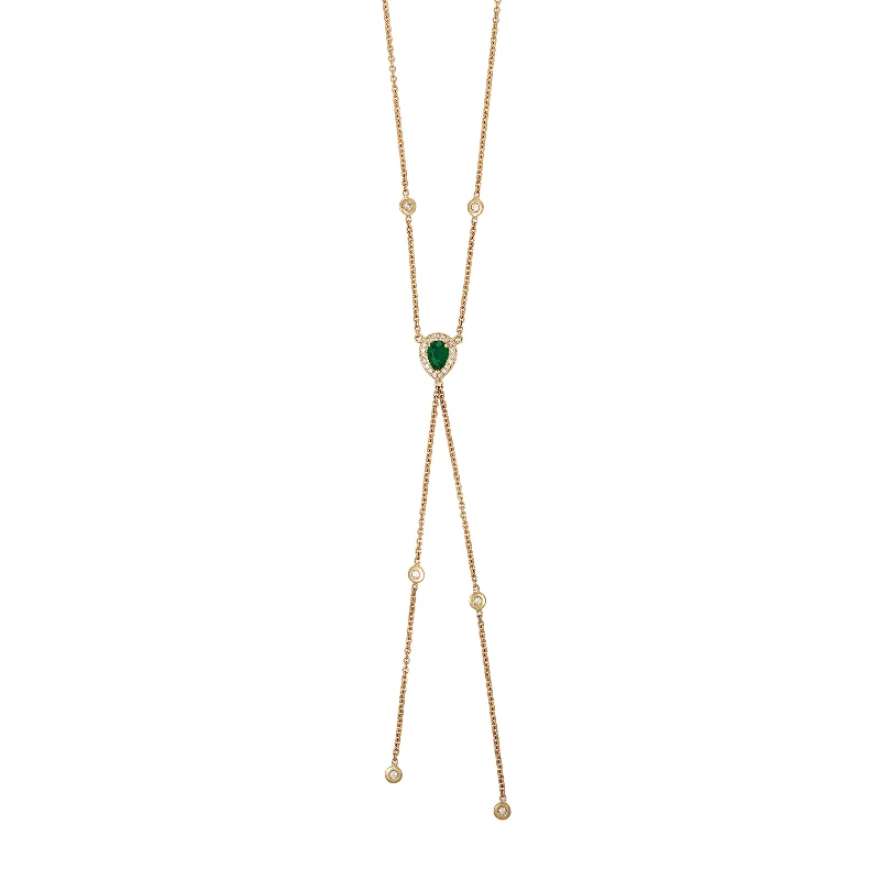 Women's gold-plated necklaces-PAVE EMERALD TEARDROP DIAMOND BOLO Y NECKLACE