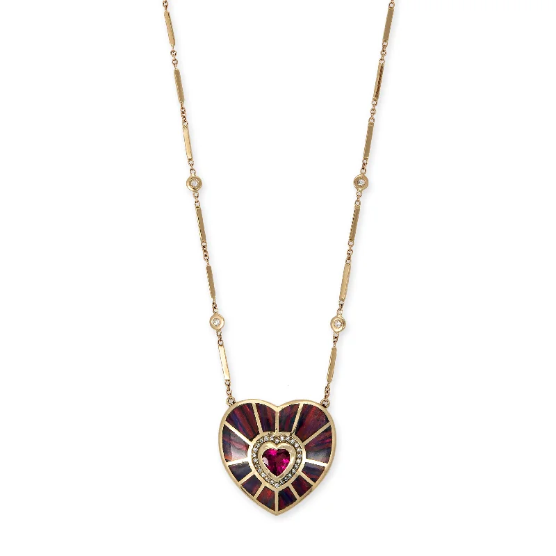 Women's healing crystal necklaces-PAVE TOURMALINE HEART CENTER + RED PURPLE OPAL INLAY HEART VORTEX SMOOTH BAR NECKLACE