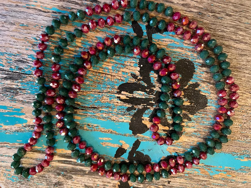 Women's limited edition necklaces-60" Hand Knotted Wine/Hunter Green Bead Necklace