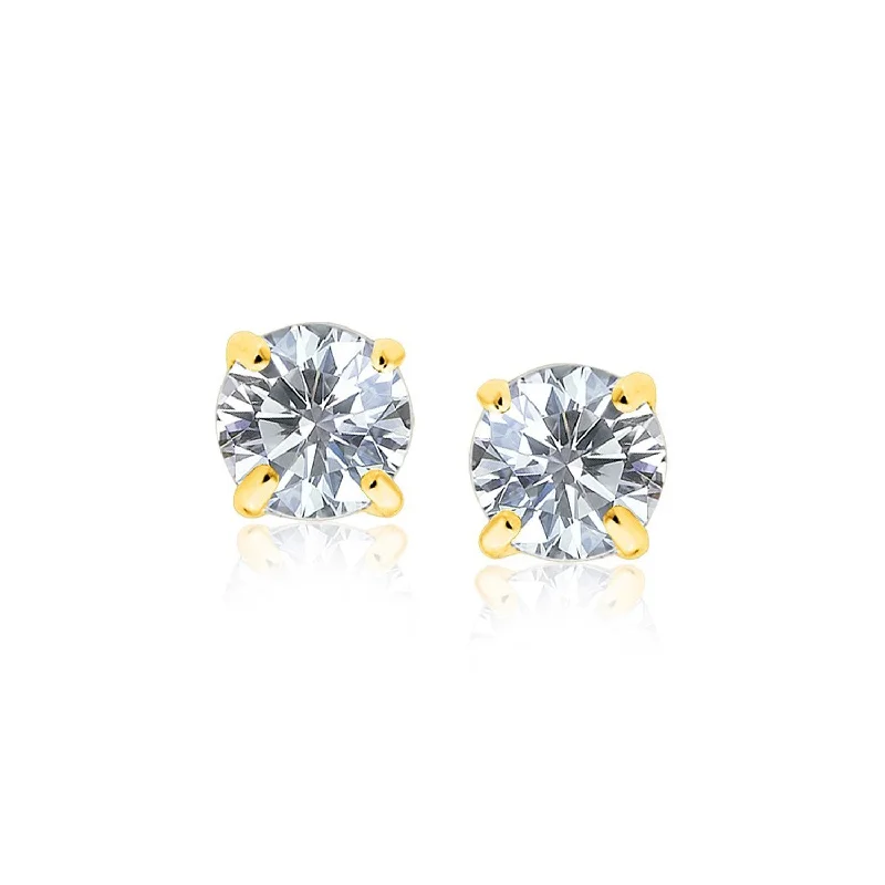 Women's luxury brand earrings-14k Yellow Gold Stud Earrings with White Hue Faceted Cubic Zirconia(7mm)