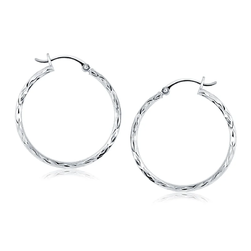 Women's family earrings-14k White Gold Diamond Cut Hoop Earrings(2x30mm)