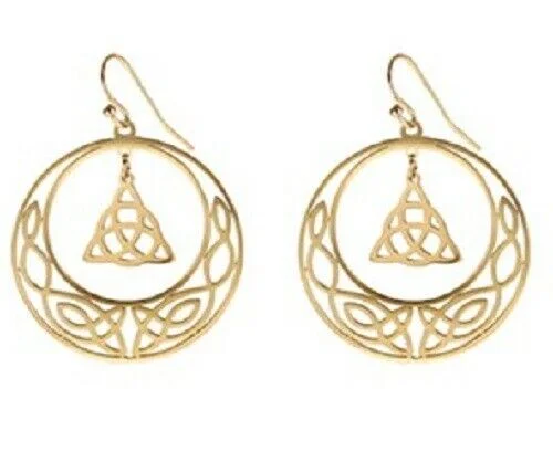 Women's DNA earrings-Gold STAINLESS STEEL CELTIC Knot Triquetra Crescent moon  Earrings