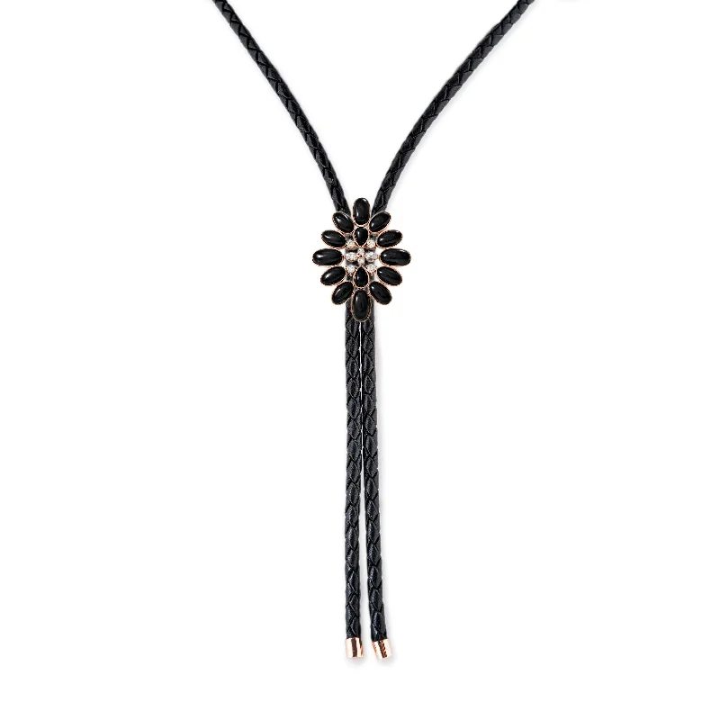 Luxury women's necklaces-DIAMOND + ONYX BLOSSOM LEATHER BOLO NECKLACE