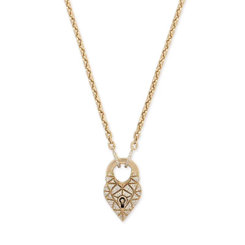 Women's wedding necklaces-PAVE GEOMETRIC HEART LOCK + PAVE MOE CHAIN NECKLACE