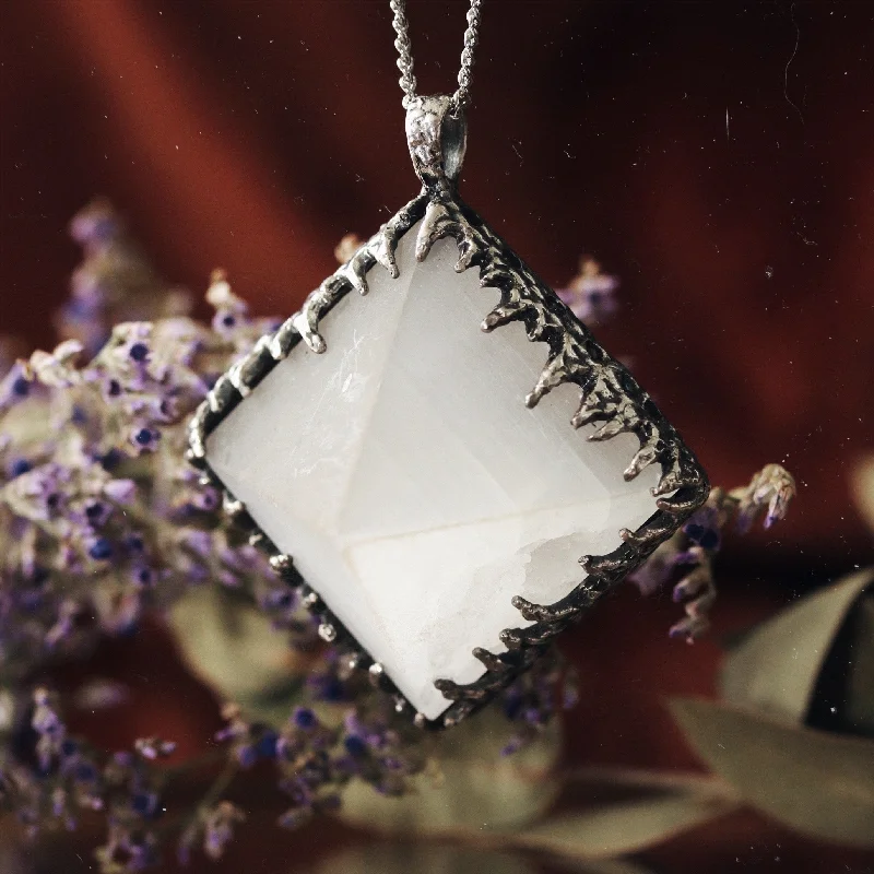 Women's handmade artisan necklaces-Sacred Selenite Icicle Crystal Pyramid Necklace #02