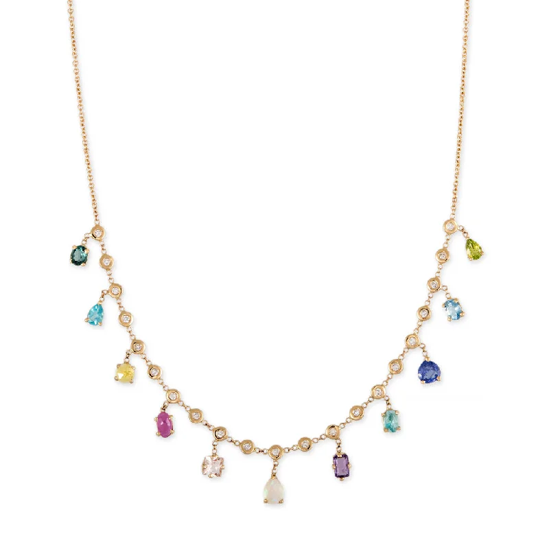 Women's diamond necklaces-MULTI SHAPE GEMSTONE + DIAMOND SHAKER NECKLACE