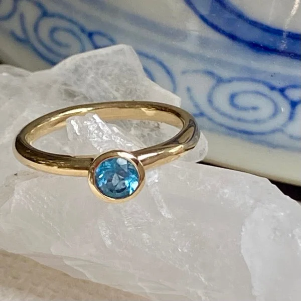 Women's sustainable rings-Solid Gold Blue Topaz Stacking Ring by Joy Everley