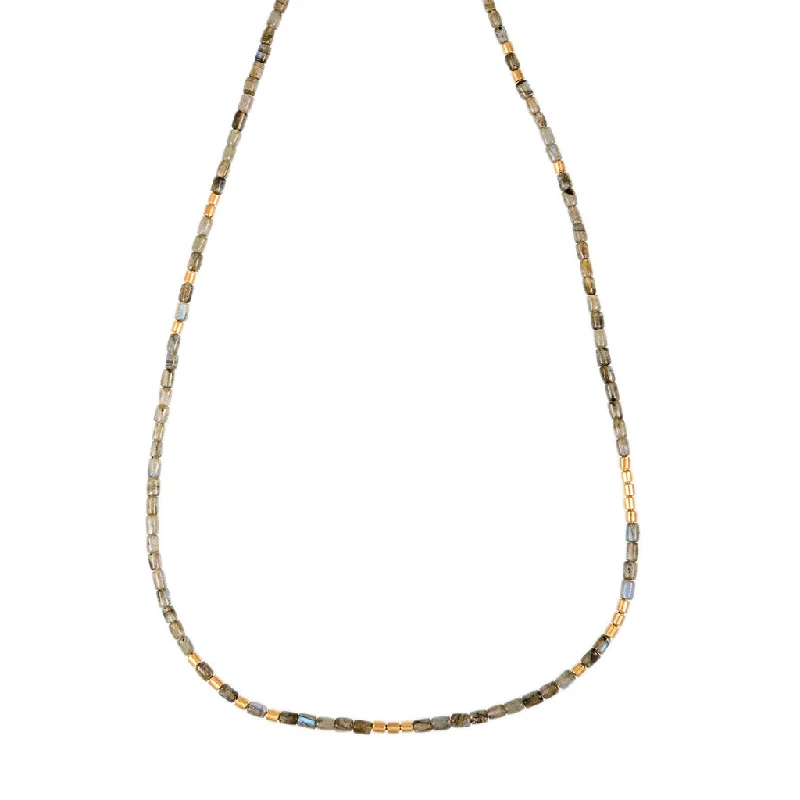 Women's gold-plated necklaces-24 GOLD BEADS + LABRADORITE TUBE BEADED NECKLACE