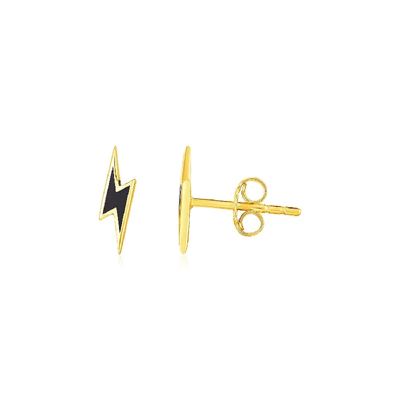 Women's silver-plated earrings-14k Yellow Gold and Enamel Black Lightning Bolt Stud Earrings