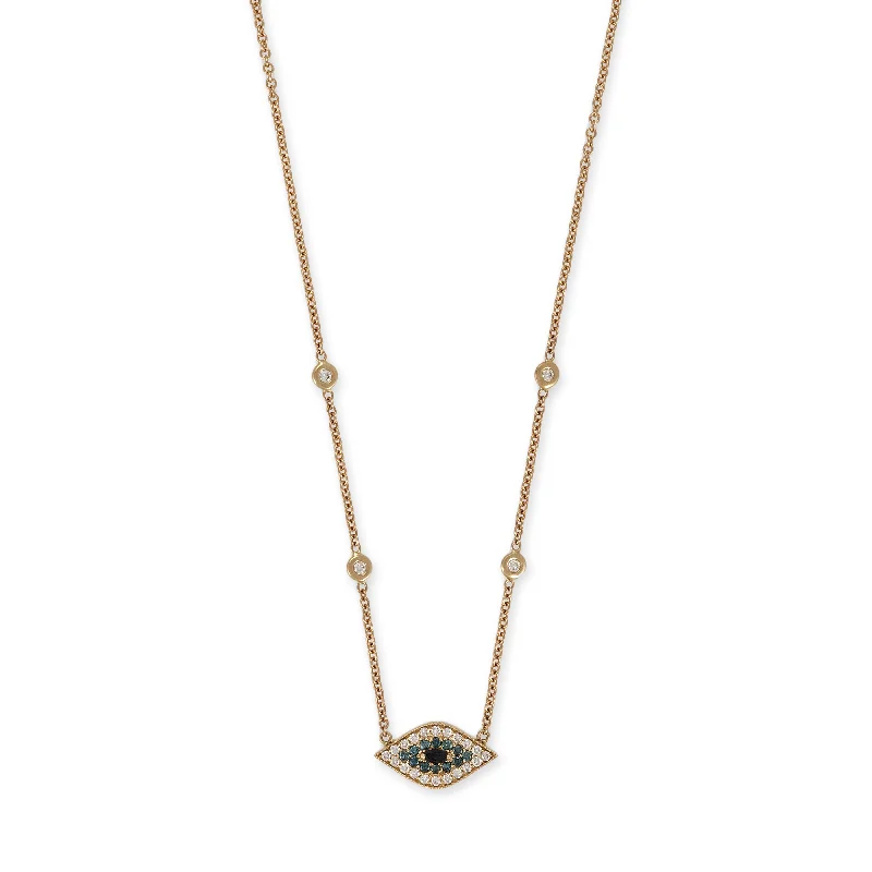 Women's silver-plated necklaces-BLUE AND WHITE PAVE + MARQUISE BLACK DIAMOND EYE NECKLACE