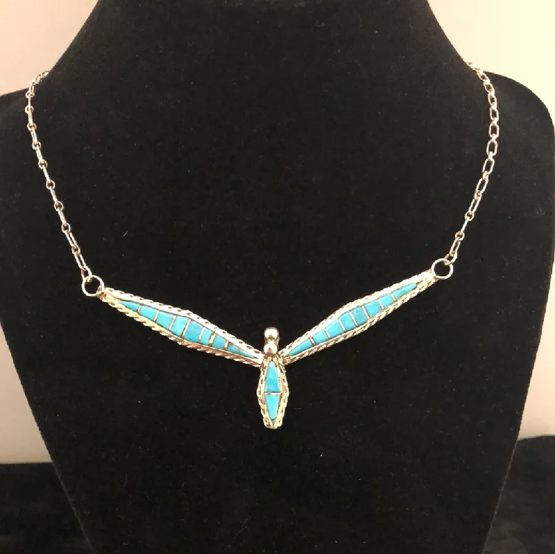 Women's handmade artisan necklaces-Turquoise and silver channel inlay necklace