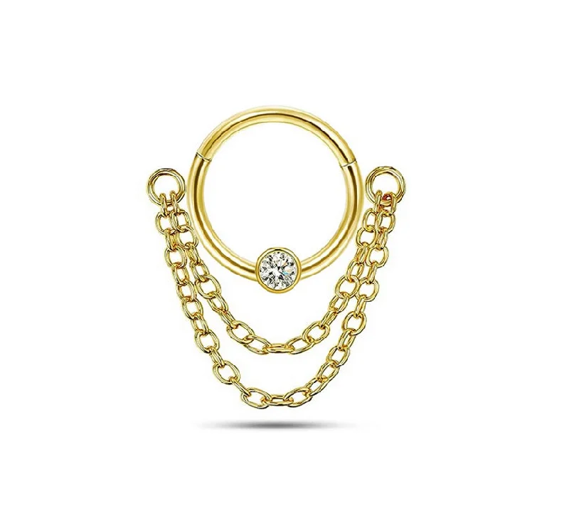 Women's crystal rings-Gold Jewelled Hinged Ring with Double Chain Dangle - E436A